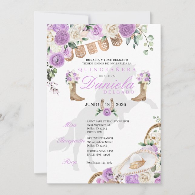 Invitación Lavender Boots y Rosas occidentales Quinceañera (Anverso)