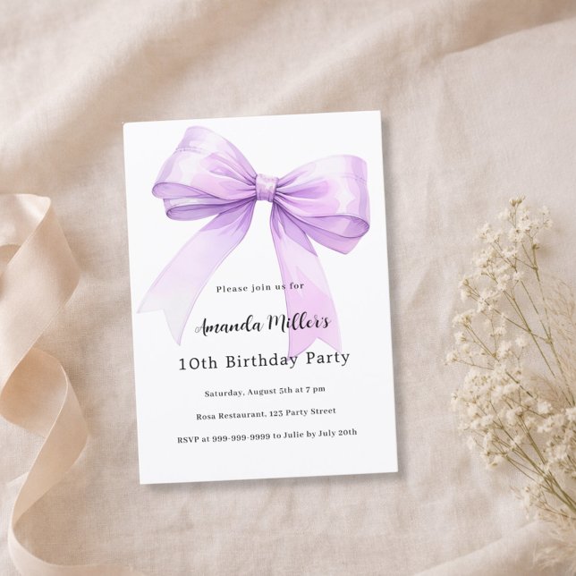 Invitación Lavender bow coquette girl birthday (Subido por el creador)