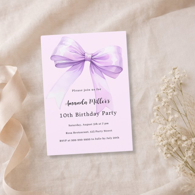 Invitación Lavender bow pink coquette girl birthday (Subido por el creador)