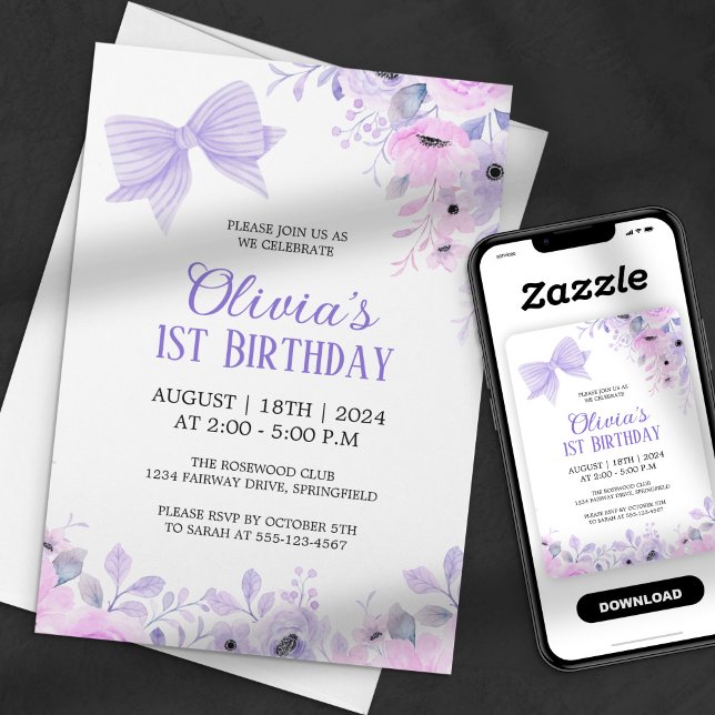 Invitación Lavender Bow y Floral acuarela Primer cumpleaños (Subido por el creador)