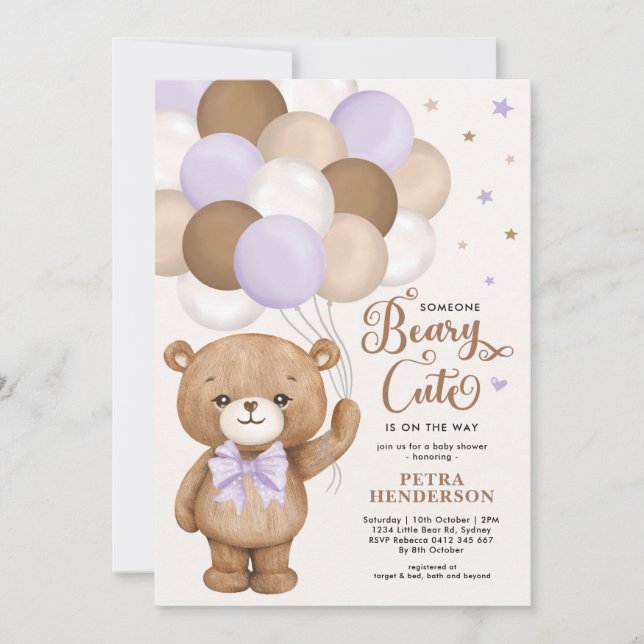 Invitación Lavender Brown Beary Cute Teddy Bear Baby Shower (Anverso)
