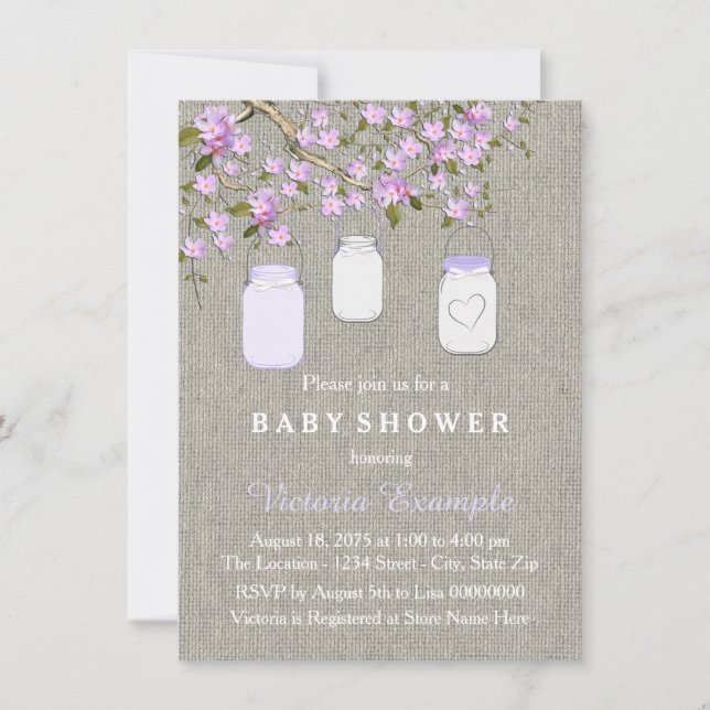 Invitación Lavender Burlap Mason Jar Baby Shower (Anverso)