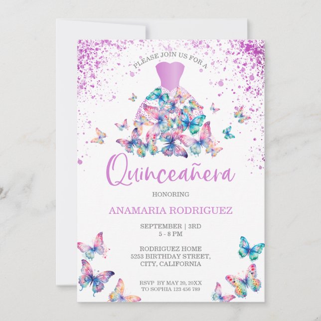 Invitación Lavender Butterflies Gown Rubor Floral Quinceanera (Anverso)