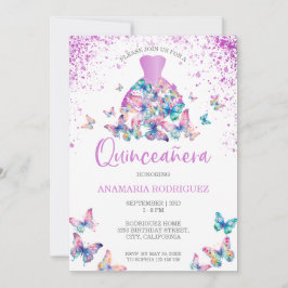 Invitación Lavender Butterflies Gown Rubor Floral Quinceanera