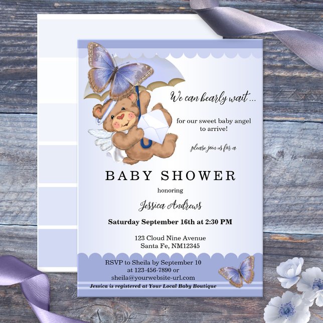 Invitación Lavender Butterfly Bear Angel Baby Shower (A pretty lilac or lavender baby shower invitation with a cute angel bear and butterflies)