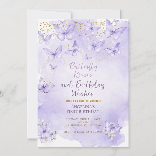 Invitación Lavender Butterfly First Birthday Invitation (Anverso)
