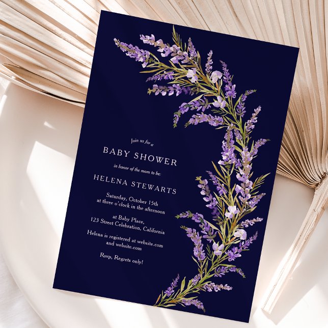 Invitación Lavender Caída acuática floral ducha de bebé (Lavender Fall floral watercolor baby shower Invitation on navy blue)