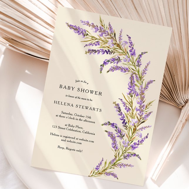 Invitación Lavender Caída acuática floral ducha de bebé (Lavender Fall floral watercolor baby shower Invitation on ivory)