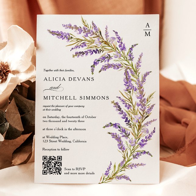 Invitación Lavender Caída otoño acuarela floral floral QR bod (Lavender Fall autumn floral watercolor QR wedding Invitation)