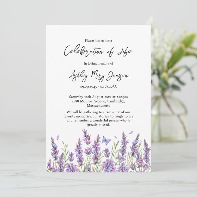 Invitación Lavender Celebration of Life Funeral Invitation (Anverso de pie)