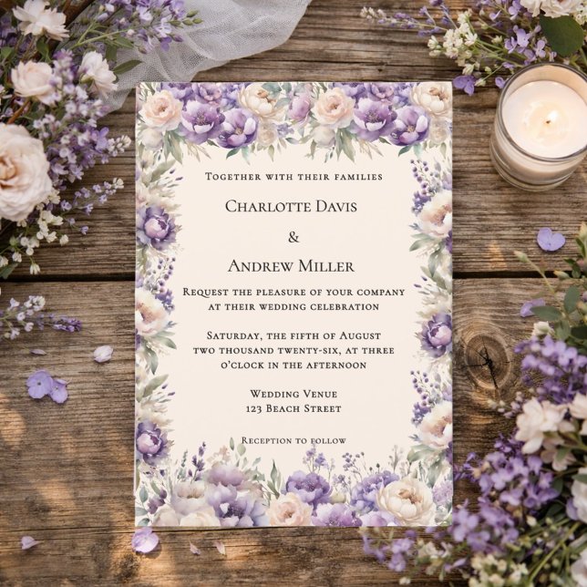 Invitación Lavender champagne cream floral wedding (Subido por el creador)