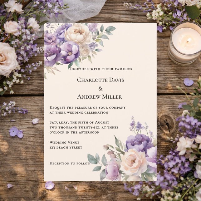 Invitación Lavender champagne cream floral wedding (Subido por el creador)