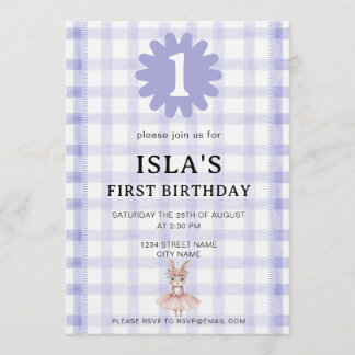 Invitación Lavender Check Bunny Ballerina Birthday Invitation