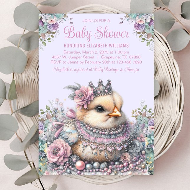 Invitación Lavender Chick Baby Shower (Beautiful little chick with crown and jewels on a pastel floral background. )
