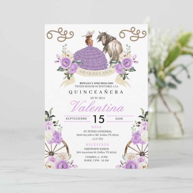 Invitación Lavender Cowgirl Ranch Rosas de caballos Quinceañe (Anverso de pie)