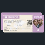 Invitación Lavender & Cream Boarding Pass Wedding<br><div class="desc">Invite guests to your destination wedding in style with this modern boarding pass wedding invitation. Designed to look like a first-class airline ticket, it features a chic travel theme with a customizable photo, editable flight-style details, and a scannable QR code for easy RSVP. Perfect for destination, tropical, or beach weddings,...</div>