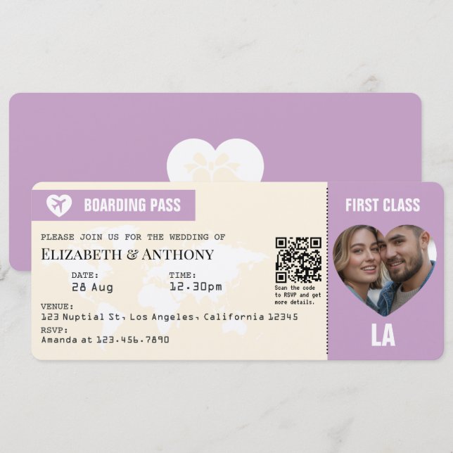 Invitación Lavender & Cream Boarding Pass Wedding (Anverso / Reverso)