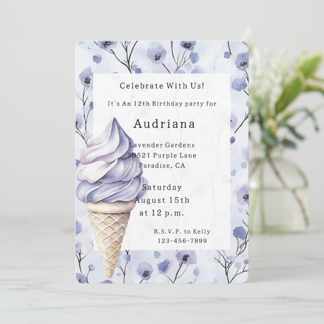 Invitación Lavender Crema de Hielo Púrpura Cones Cumpleaños F (Anverso de pie)