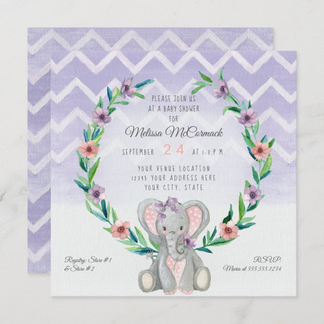Invitación Lavender Cute Baby Elephant Wreath Floral Chevron (Anverso / Reverso)
