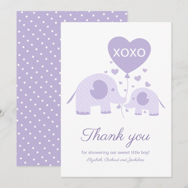Invitación Lavender Cute Elephant Baby Shower Gracias (Anverso / Reverso)