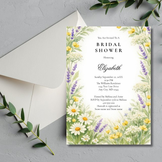Invitación Lavender Daises Wildflowers Greenery Bridal Shower (Wildflowers ( Lavender, Daises ) Watercolor Greenery botanical Bridal Shower invitation. )