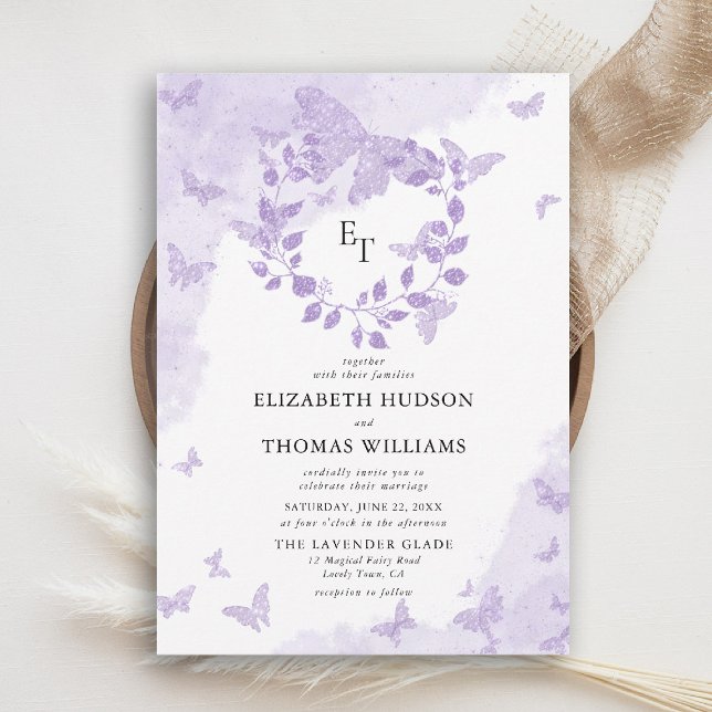 Invitación Lavender Dream Butterfly Eucalyptus Crest Wedding (butterfly wedding invitation lavender purple eucalyptus crest elegant modern romantic)