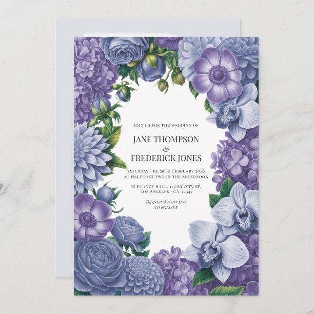 Invitación Lavender Dusk, Periwinkle Smoke & Frosted Bluebell (Anverso / Reverso)