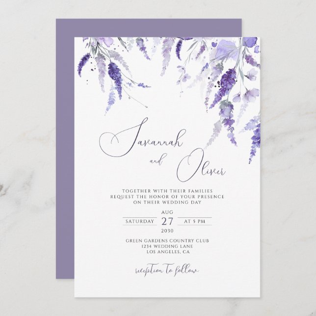 Invitación Lavender Dusty Violeta Púrpura Lilac Boda Floral (Anverso / Reverso)