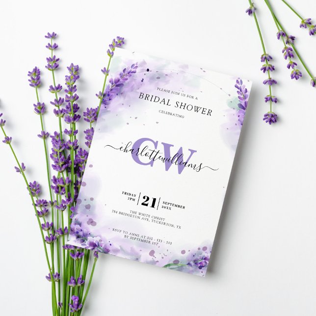 Invitación Lavender Elegante acuarela Monograma ducha de novi (Subido por el creador)