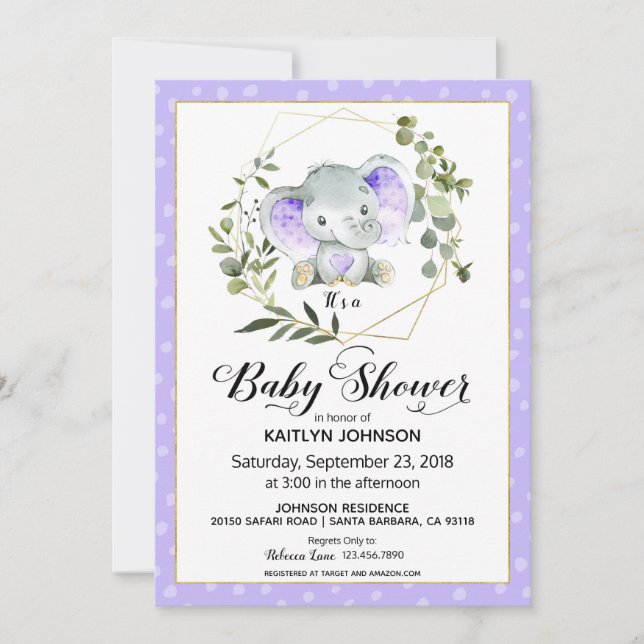 Invitación Lavender Elephant Baby Shower moderno (Anverso)