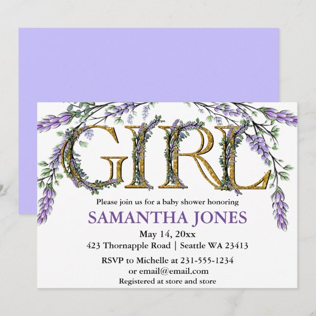 Invitación Lavender eucalipto acuarela ducha bebé (Anverso / Reverso)