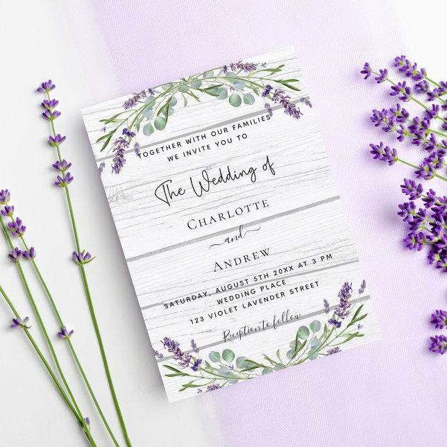 Invitación Lavender eucalipto verde boda de madera blanca (Subido por el creador)