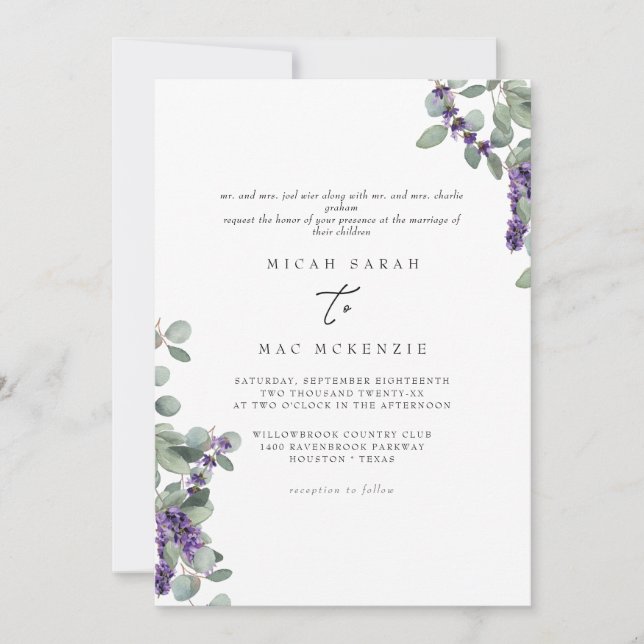 Invitación Lavender Eucalyptus Boda de ambos conjuntos de pad (Anverso)