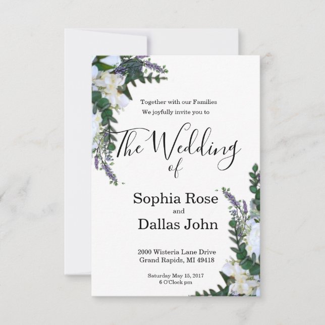 Invitación Lavender Eucalyptus Boda de la vegetación de rosas (Anverso)