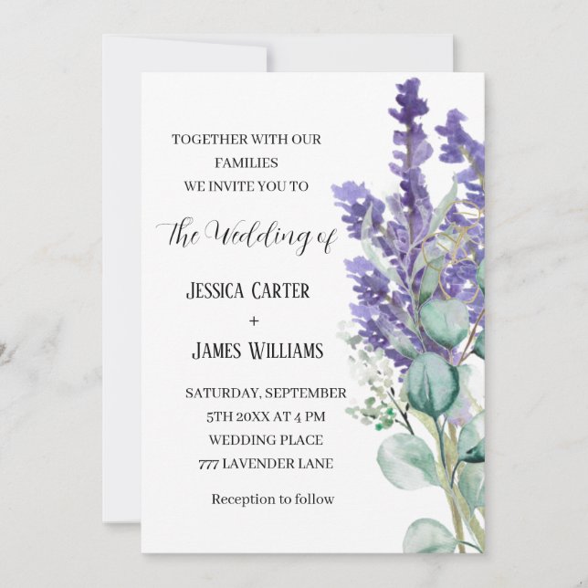 Invitación Lavender Eucalyptus Boda Rústica Elegante (Anverso)