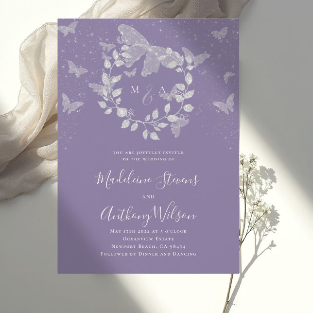 Invitación Lavender Eucalyptus Romantic Butterfly Wedding (lavender wedding invitation butterfly eucalyptus modern classic romantic elegant initial calligraphy)