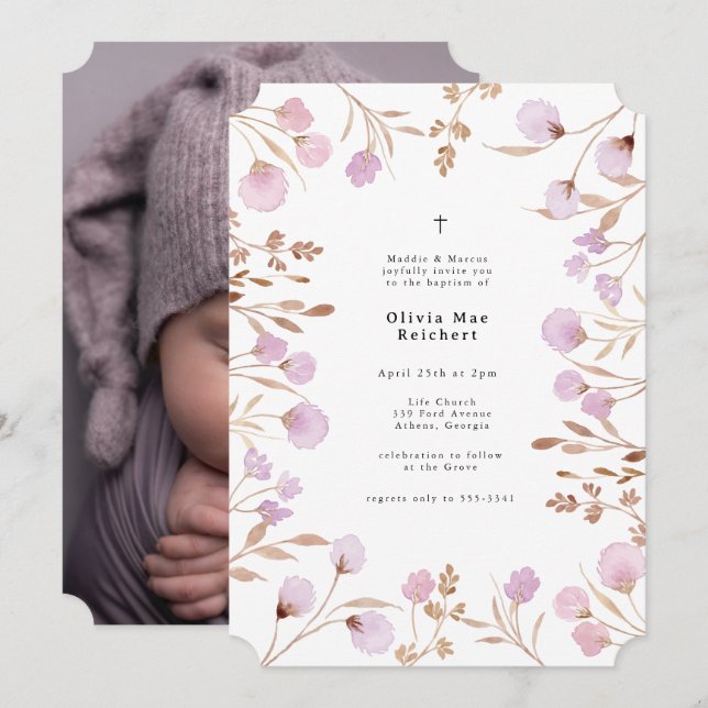 Invitación Lavender Flor Púrpura Foto Cristianismo Bautismo (Anverso / Reverso)