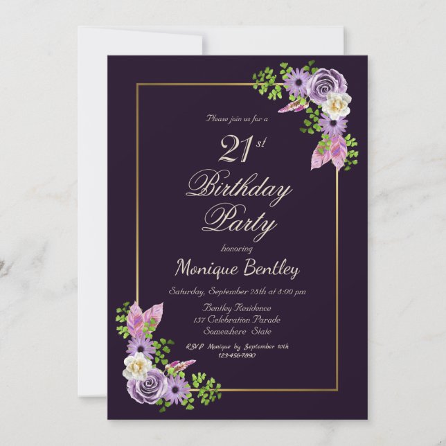 Invitación Lavender Floral 21ª Fiesta de cumpleaños (Anverso)
