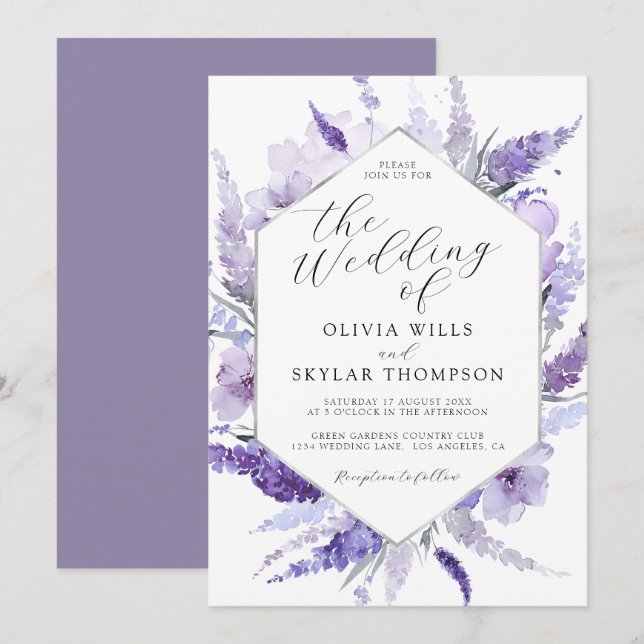 Invitación Lavender Floral acuarela Boda de marco plateado (Anverso / Reverso)