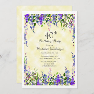 Invitación Lavender Floral Amarillo 40 Fiesta de cumpleaños