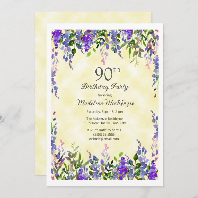 Invitación Lavender Floral Amarillo 90 cumpleaños (Anverso / Reverso)