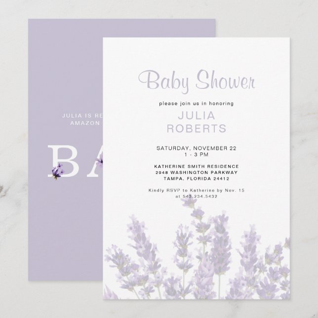 Invitación Lavender Floral Baby Shower (Anverso / Reverso)