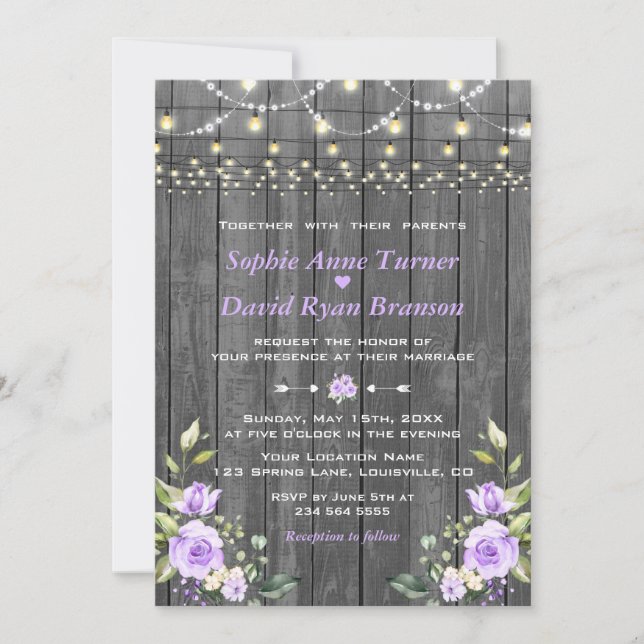 Invitación Lavender Floral Barn Cadena de madera Boda (Anverso)