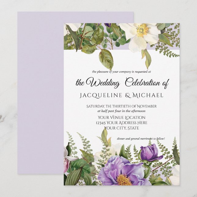Invitación Lavender Floral Boda Rosa Peony w Foliage (Anverso / Reverso)