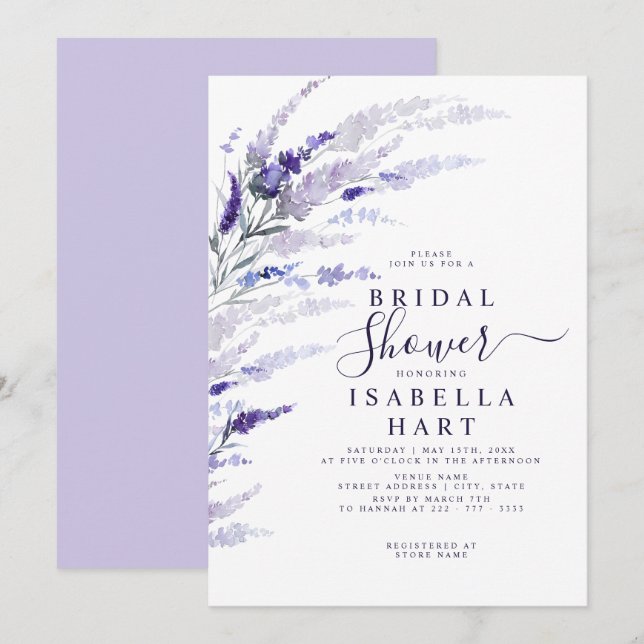 Invitación Lavender Floral Botánica Lilac Boho Bridal Shower (Anverso / Reverso)