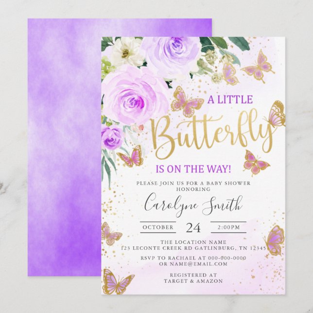 Invitación Lavender Floral Butterfly Baby Shower (Anverso / Reverso)