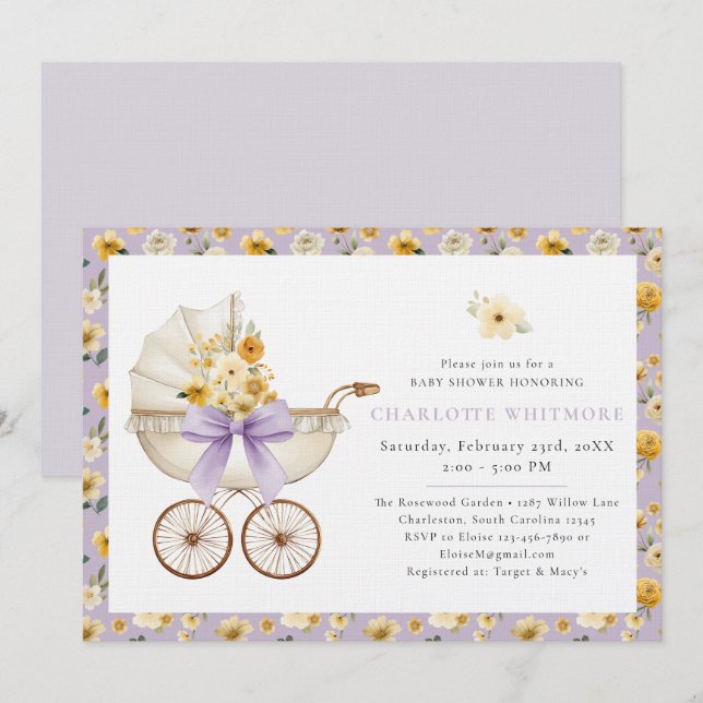 Invitación Lavender Floral Carriage Baby Shower Invite (Anverso / Reverso)