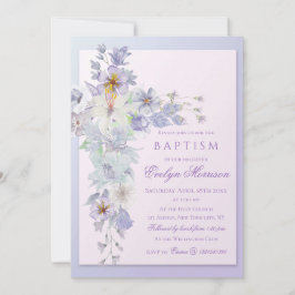 Invitación Lavender Floral Cross Baptism Invitation