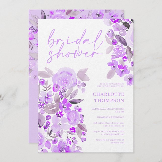 Invitación Lavender floral de escritura casual ducha de novia (Anverso / Reverso)
