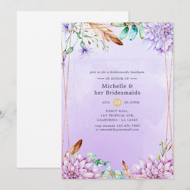 Invitación Lavender Floral Geométrica Bridesmaids Luncheon (Anverso / Reverso)